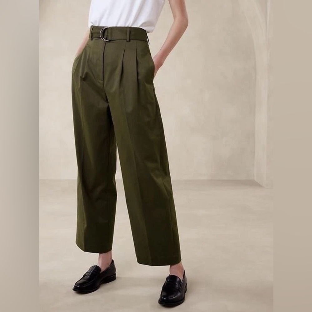 Banana Republic Cruz Pleated Wide Leg Chino Pants Trousers Olive Green Size 14
